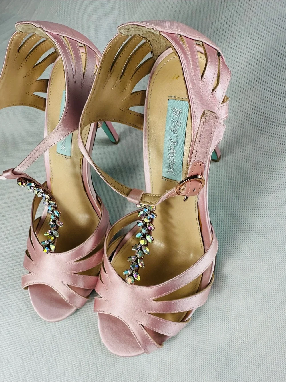 Betsey Johnson Rose Pink Satin Open-Toe Heels with Jeweled Ankle Detail